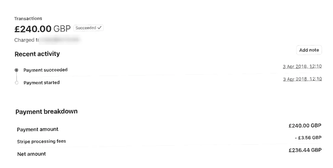Stripe payment of £240.00 GBP, succeeded on 3 April 2018: Ben's first ever consulting client